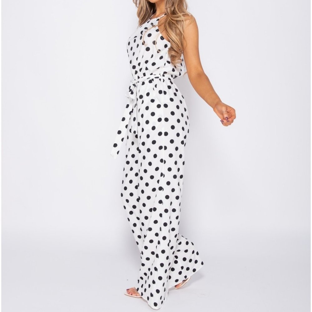 White Polka Dot Sleeveless Open Back Wide Leg Jumpsuit - Picture 3 of 9